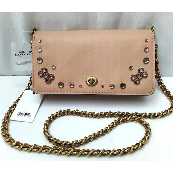 Coach Ladies Dinky Crystal Pink Leather Chain Strap Kisslock Crossbody Bag- NWT - Picture 1 of 13